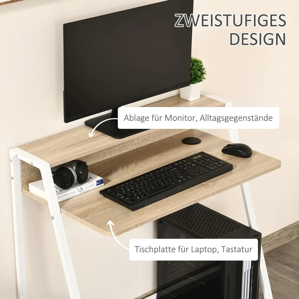Desk computer table office table work table with storage compartment cable outlet metal white+oak 84 x 45 x 85 cm