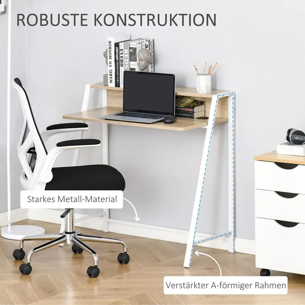 Desk computer table office table work table with storage compartment cable outlet metal white+oak 84 x 45 x 85 cm