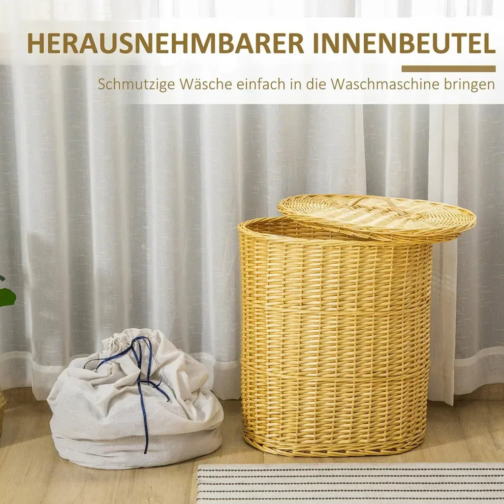 Laundry basket made of willow, willow rod, laundry box, woven laundry collector with lid, natural, 100L, 51 x 38 x 57 cm