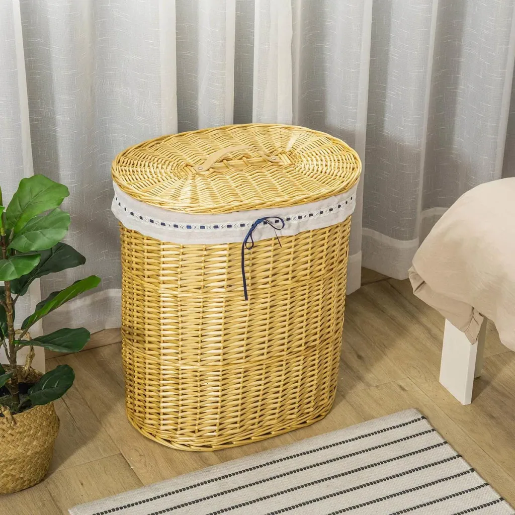 Laundry basket made of willow, willow rod, laundry box, woven laundry collector with lid, natural, 100L, 51 x 38 x 57 cm