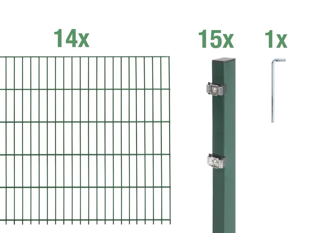 Double rod mesh fence complete set, green, height 120 cm, length 28 m