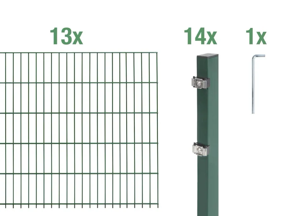 Double rod mesh fence complete set, green, height 120 cm, length 26 m