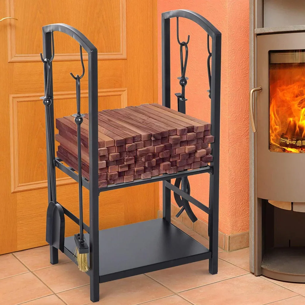 Firewood rack with fireplace tools black