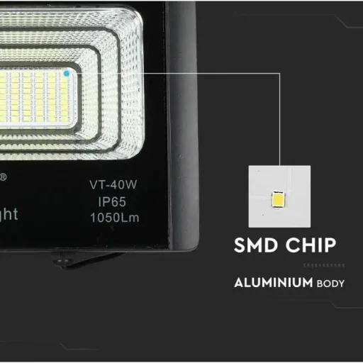 VT-40W Solar Floodlight with Solar Panel - 1050 Lm - 6000K - Black