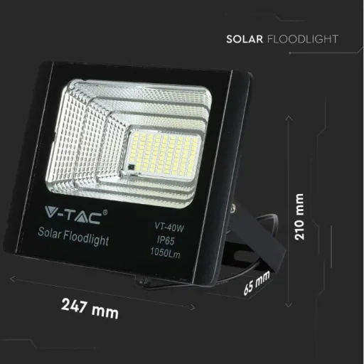 VT-40W Solar Floodlight with Solar Panel - 1050 Lm - 6000K - Black