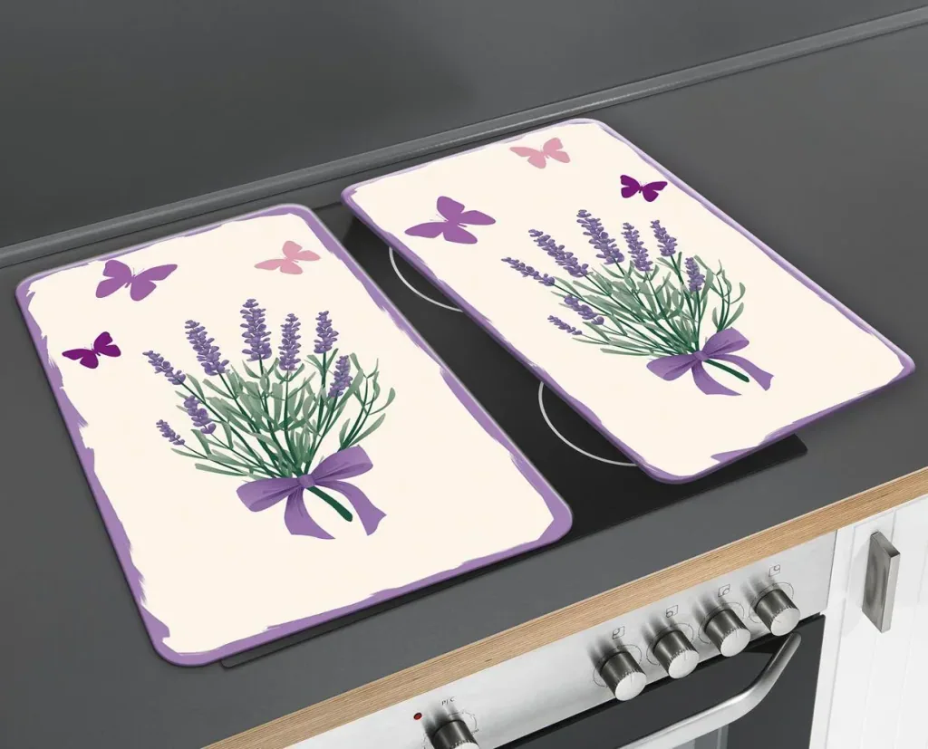 3-in-1 stove cover plates, cutting boards, worktops, glass, lavender bouquet design, each 52 x 30 cm, set of 2