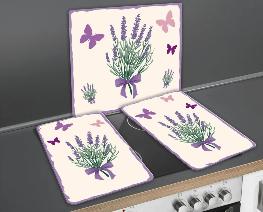 3-in-1 stove cover plates, cutting boards, worktops, glass, lavender bouquet design, each 52 x 30 cm, set of 2