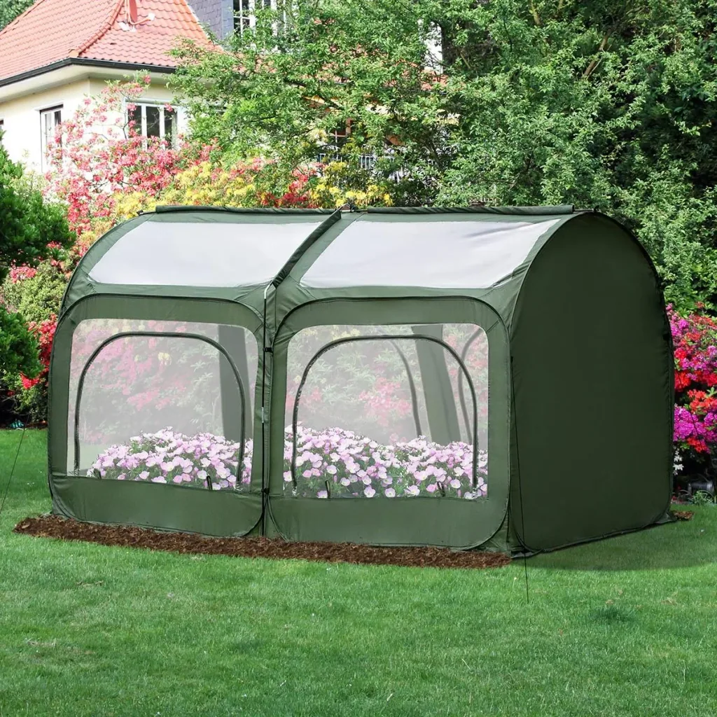 Pop-Up Greenhouse with 4 Zippered Doors, Greenhouse, Tomato House, Cold Frame, Steel, PVC, Transparent, 250 x 125 x 135 cm