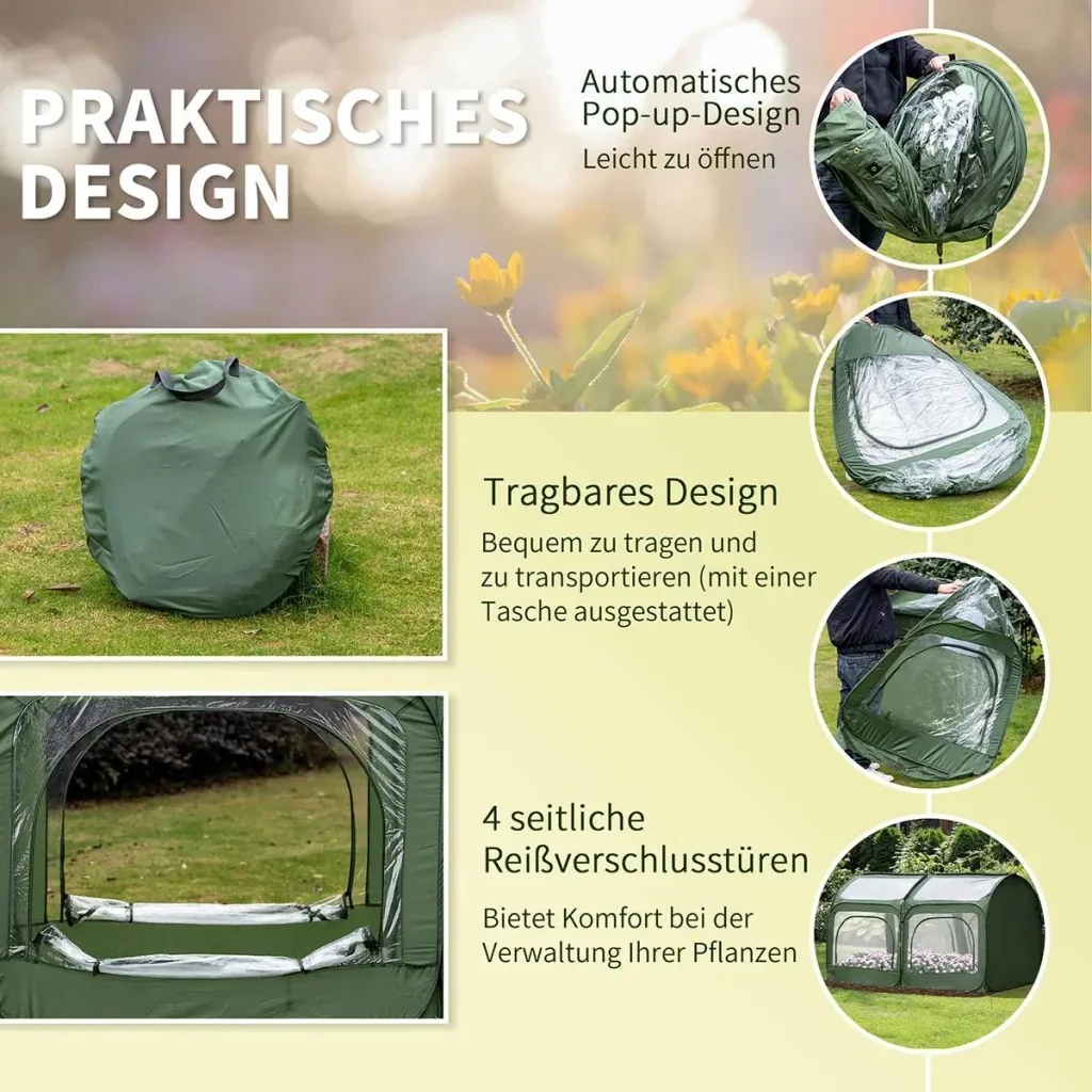 Pop-Up Greenhouse with 4 Zippered Doors, Greenhouse, Tomato House, Cold Frame, Steel, PVC, Transparent, 250 x 125 x 135 cm