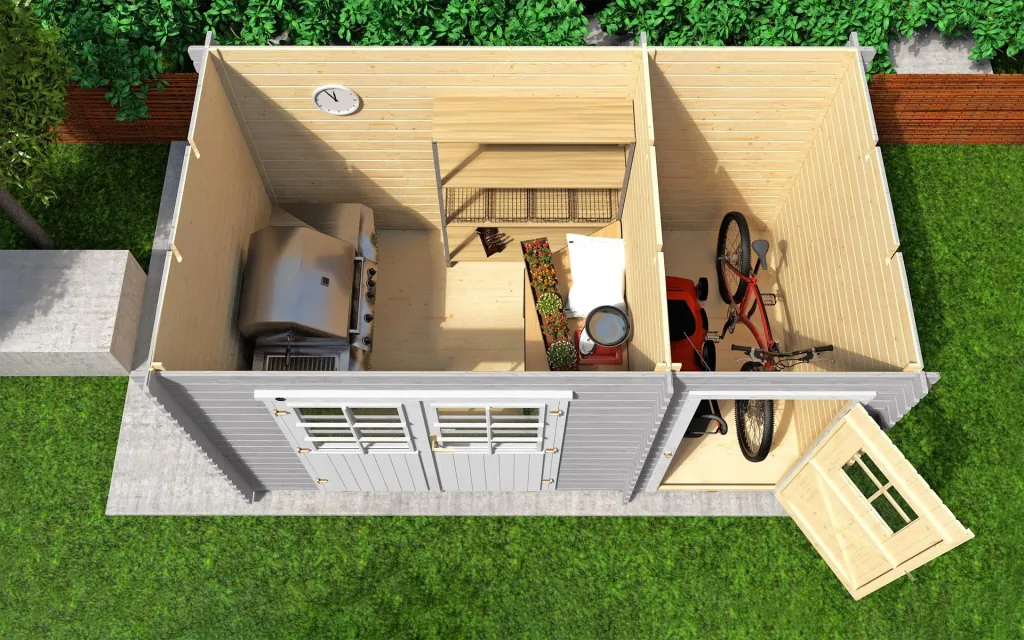 Garden house 254 Gr.2, 394 x 296 x 222 cm light grey, double door, with 2nd room single door