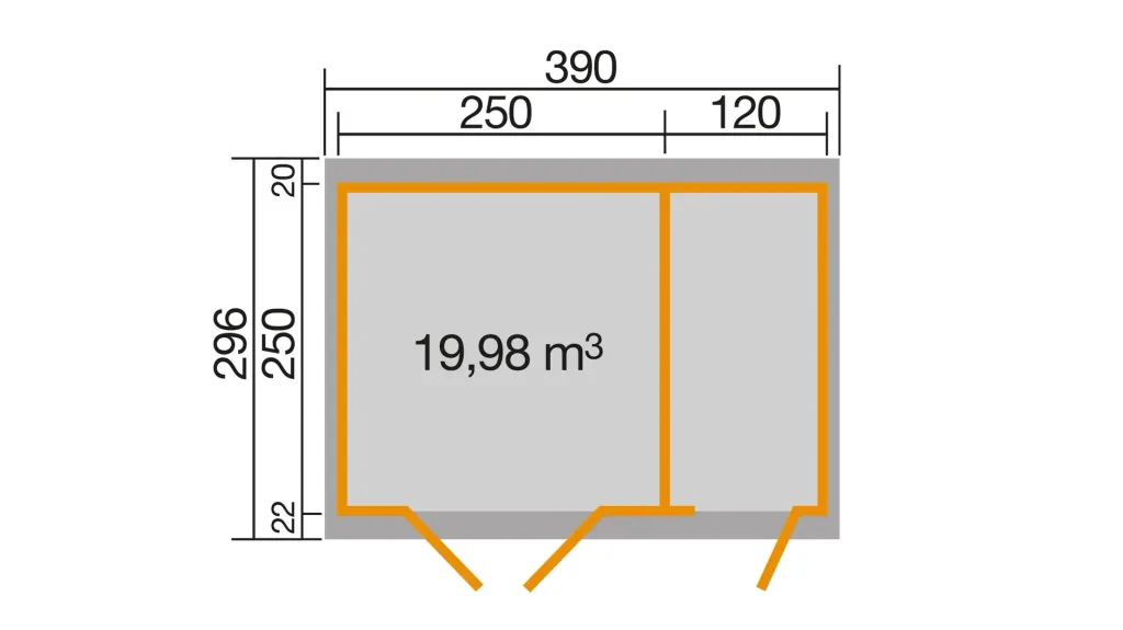 Garden house 254 Gr.2, 394 x 296 x 222 cm light grey, double door, with 2nd room single door