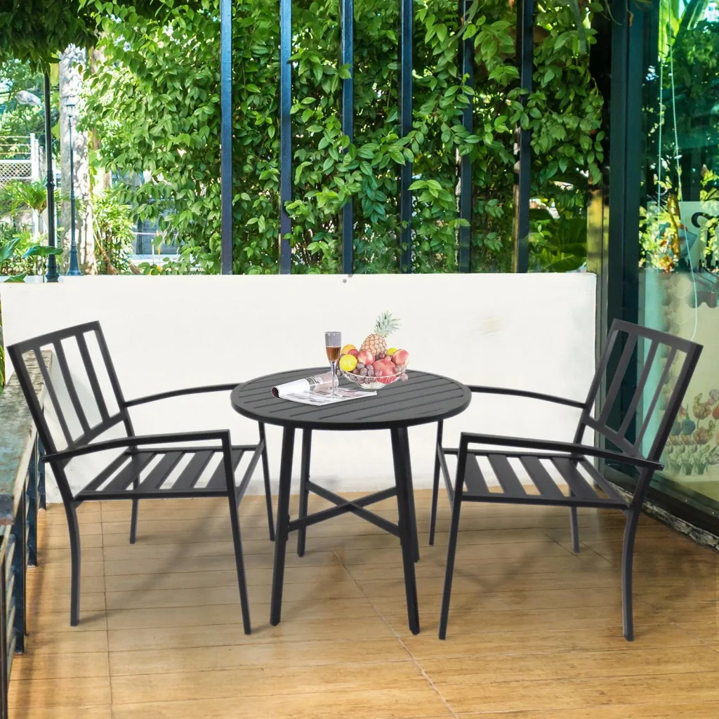 3-piece dining set, dining table set, round metal table, black with 1 table + 2 chairs
