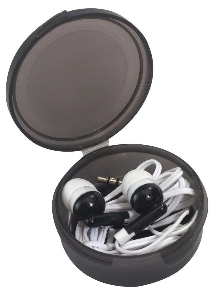 In-ear stereo headphones with 3.5 mm jack plug + storage box