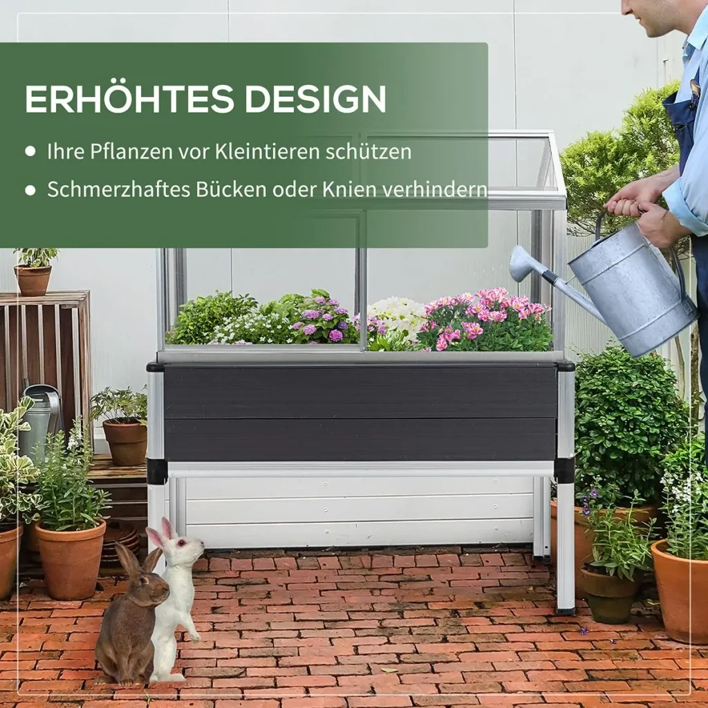 Raised bed with cold frame attachment made of aluminum for garden terrace balcony herb bed planter gray 113.5 x 61 x 128.5