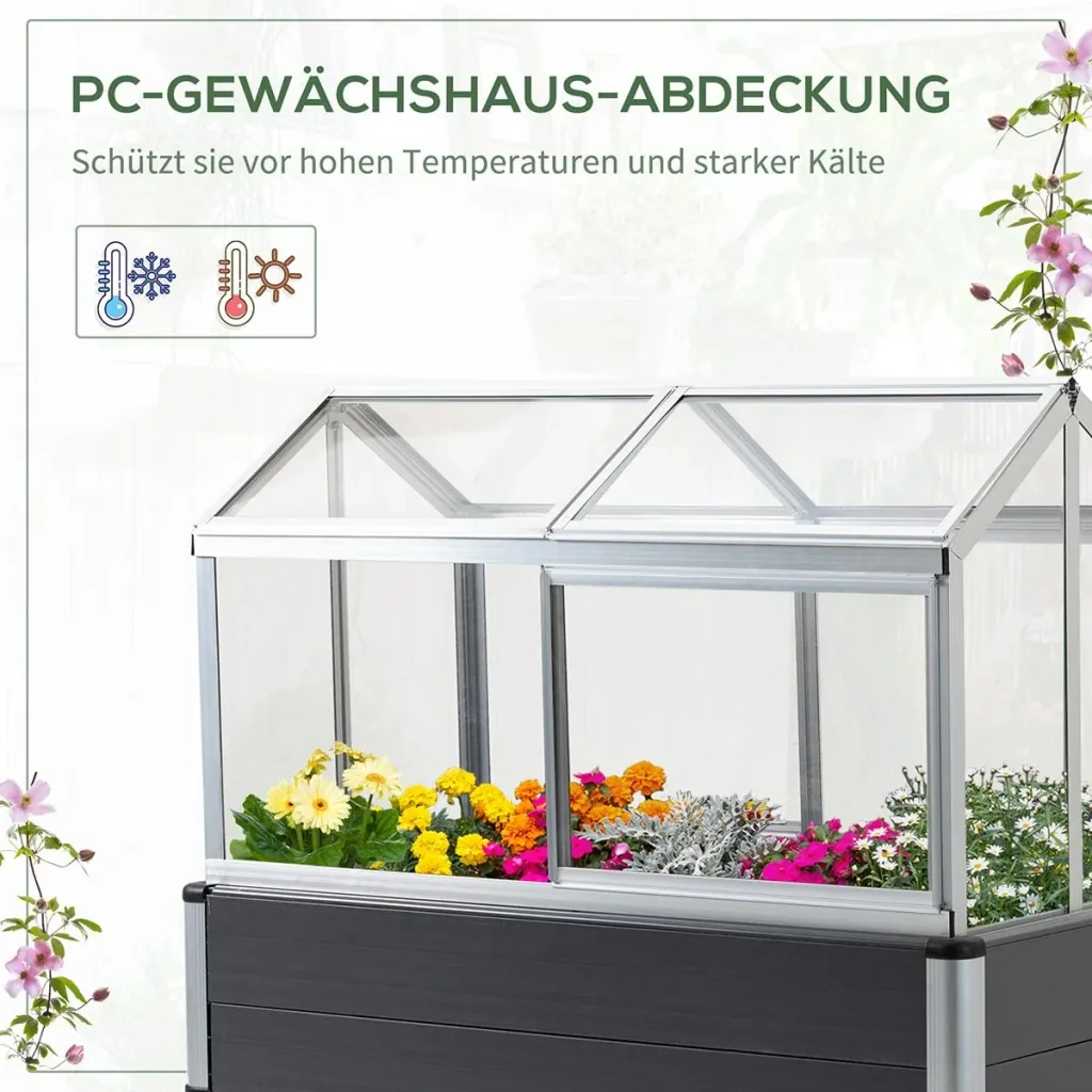 Raised bed with cold frame attachment made of aluminum for garden terrace balcony herb bed planter gray 113.5 x 61 x 128.5