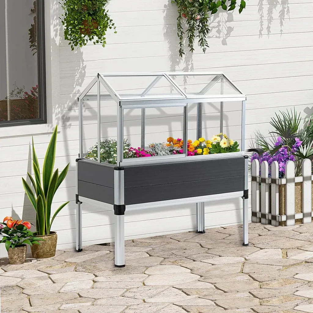 Raised bed with cold frame attachment made of aluminum for garden terrace balcony herb bed planter gray 113.5 x 61 x 128.5