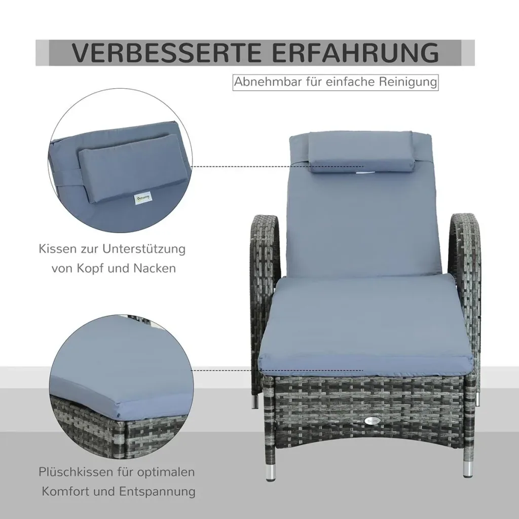 Garden lounger, sun lounger, rattan lounger, garden furniture, mobile lounger with cushion, polyrattan + metal, grey, 200 x 73 x 72-103 cm