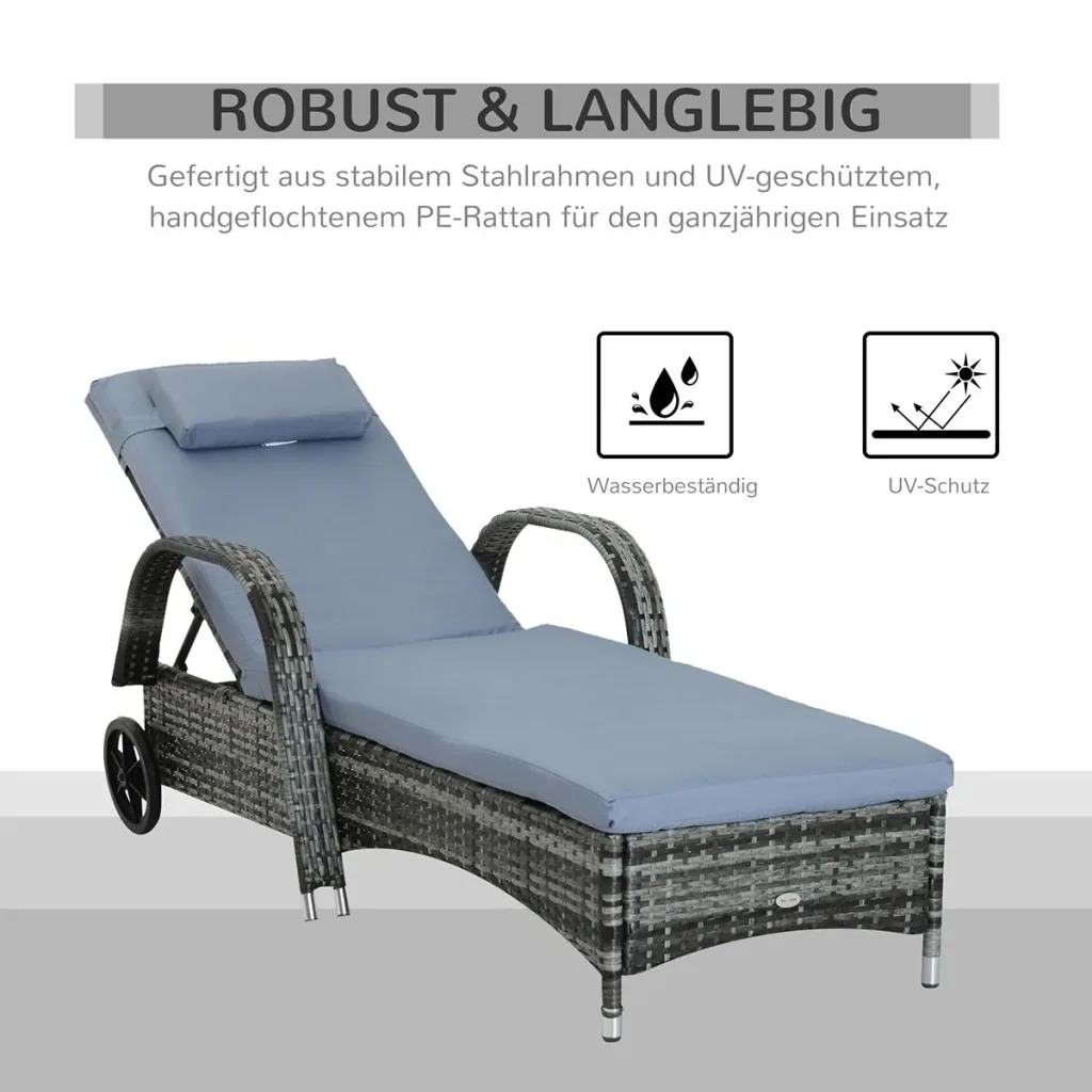 Garden lounger, sun lounger, rattan lounger, garden furniture, mobile lounger with cushion, polyrattan + metal, grey, 200 x 73 x 72-103 cm