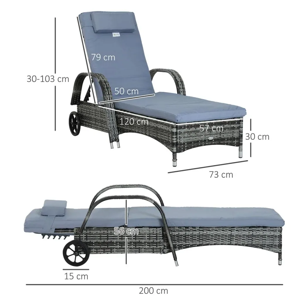 Garden lounger, sun lounger, rattan lounger, garden furniture, mobile lounger with cushion, polyrattan + metal, grey, 200 x 73 x 72-103 cm