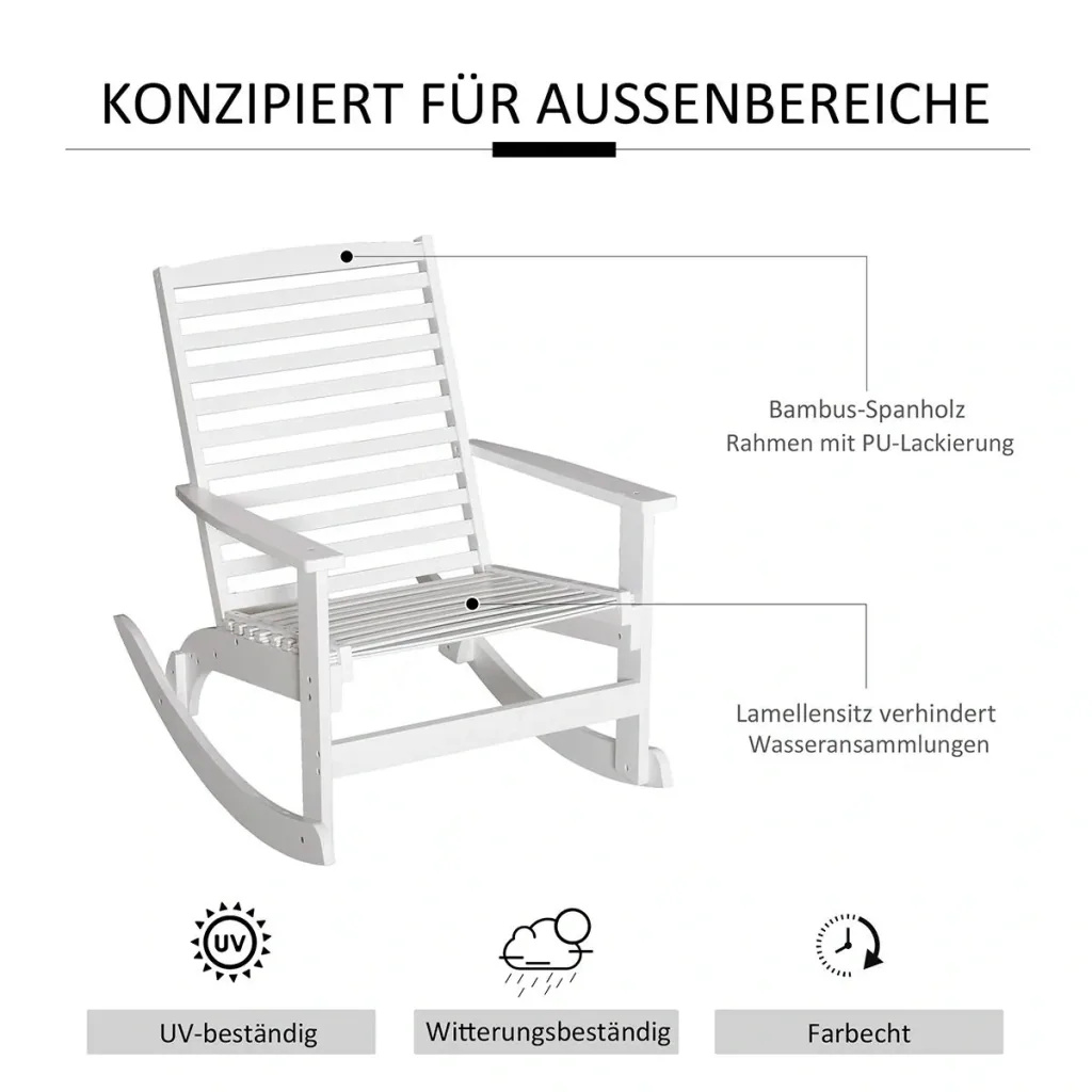 Garden rocking chair, relax chair, garden chair, rocking chair, bamboo plywood, white, 70 x 100 x 95.5 cm