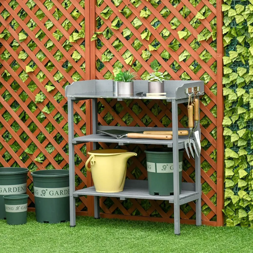 Planting table gardening table flower table with metal work surface garden wood gray 76 x 37 x 89 cm