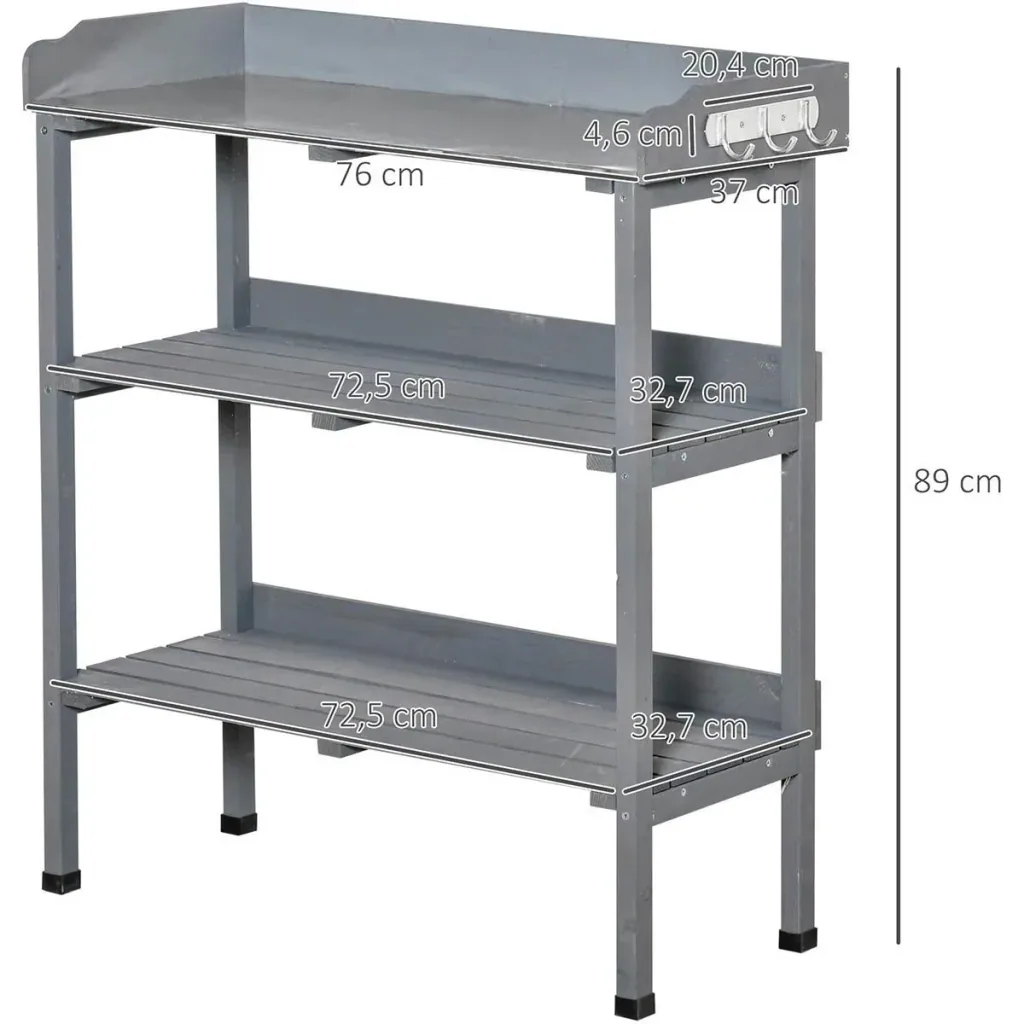 Planting table gardening table flower table with metal work surface garden wood gray 76 x 37 x 89 cm