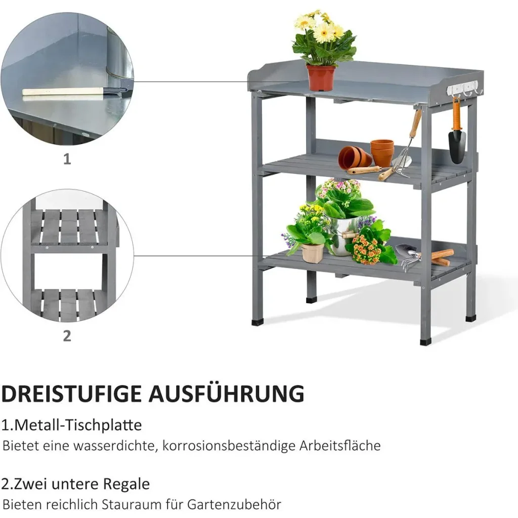 Planting table gardening table flower table with metal work surface garden wood gray 76 x 37 x 89 cm