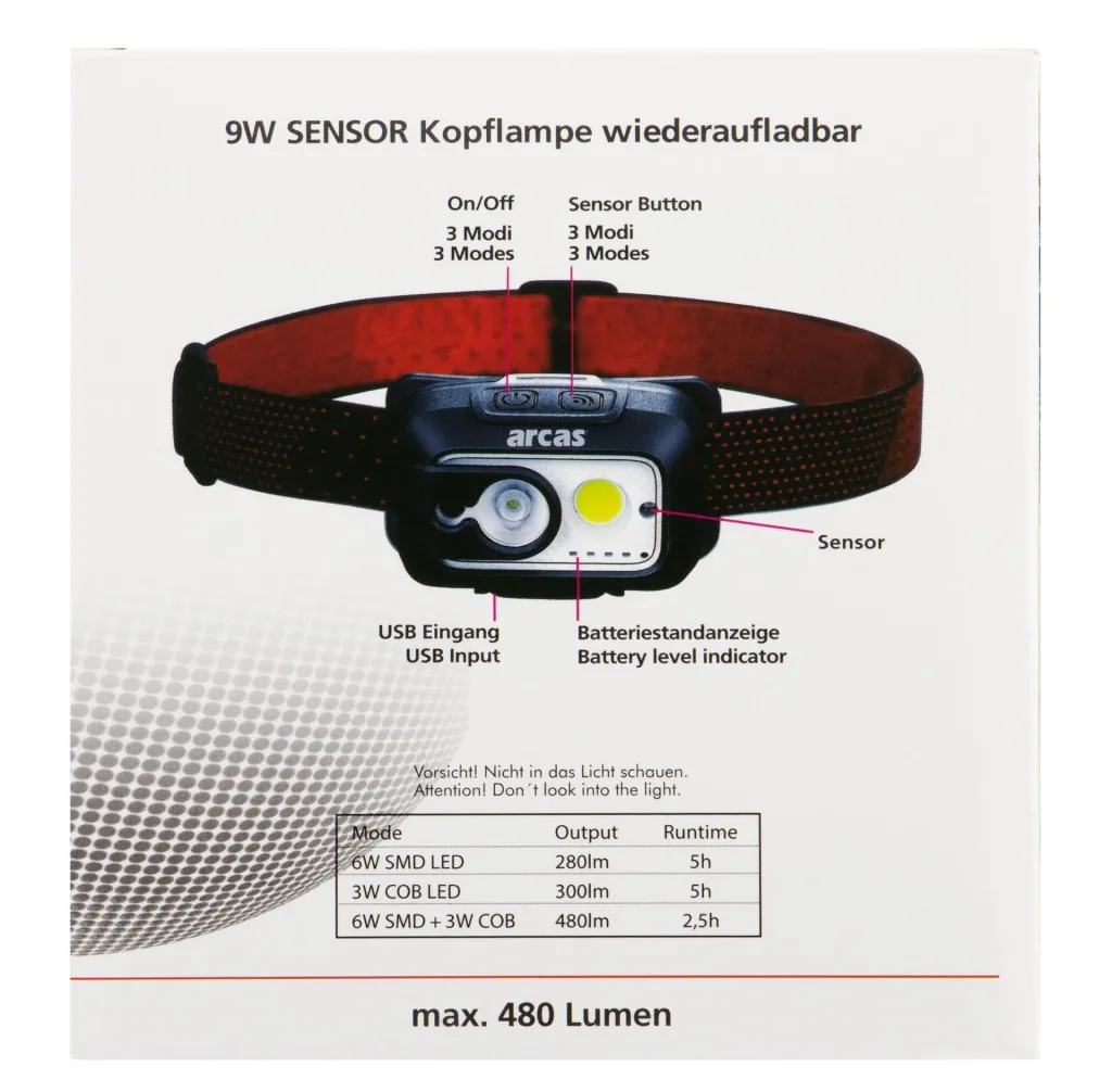 LED headlamp with 6 watt XPG LED and 3 watt COB LED, 480 lumens