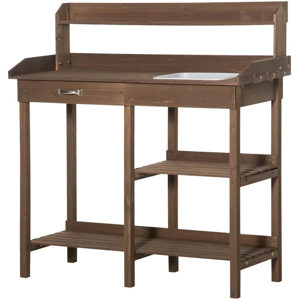 Planting table with tub, brown wood, 117 x 45 x 121 cm