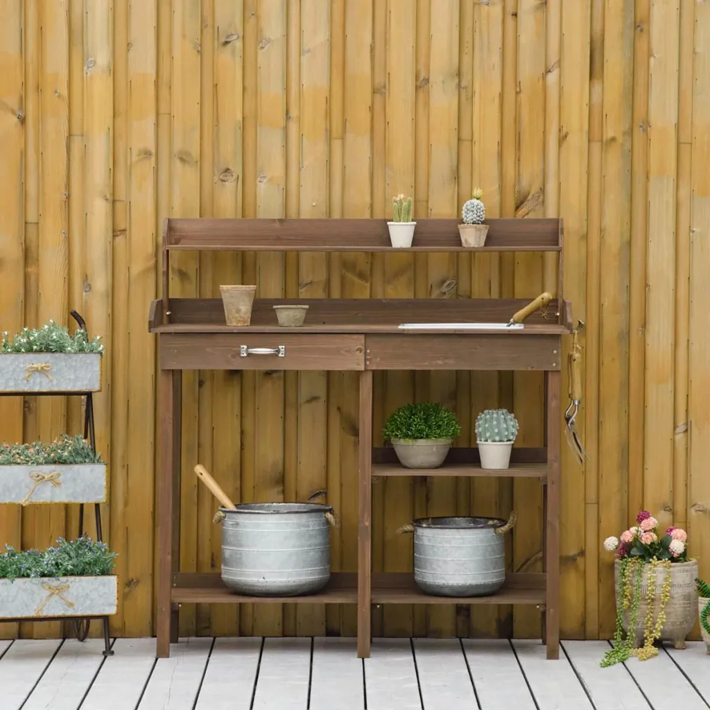 Planting table with tub, brown wood, 117 x 45 x 121 cm