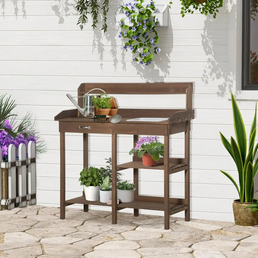 Planting table with tub, brown wood, 117 x 45 x 121 cm