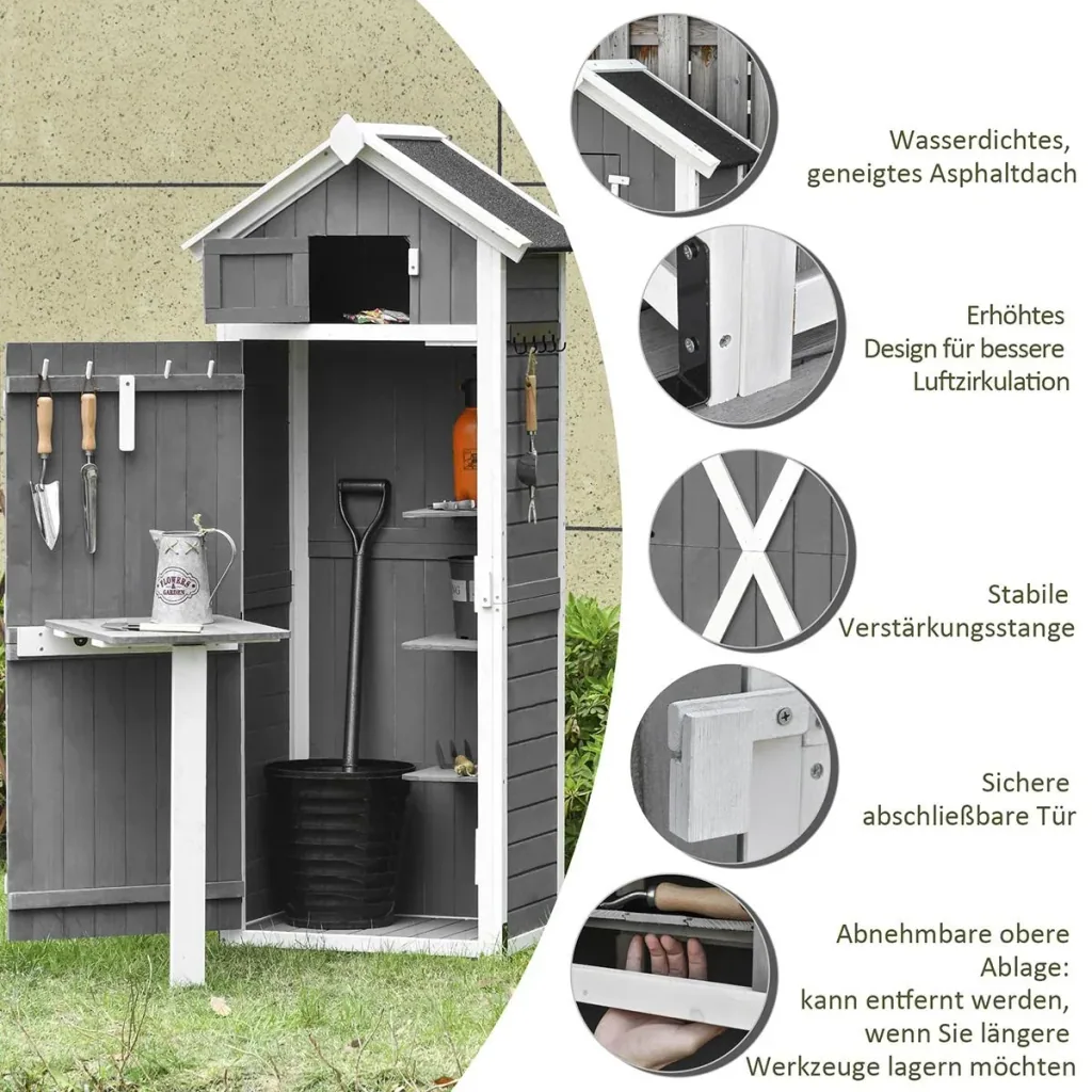 Garden cabinet wooden tool shed with door roof tool shed with hooks garden storage cabinet foldable table outdoor gray 78