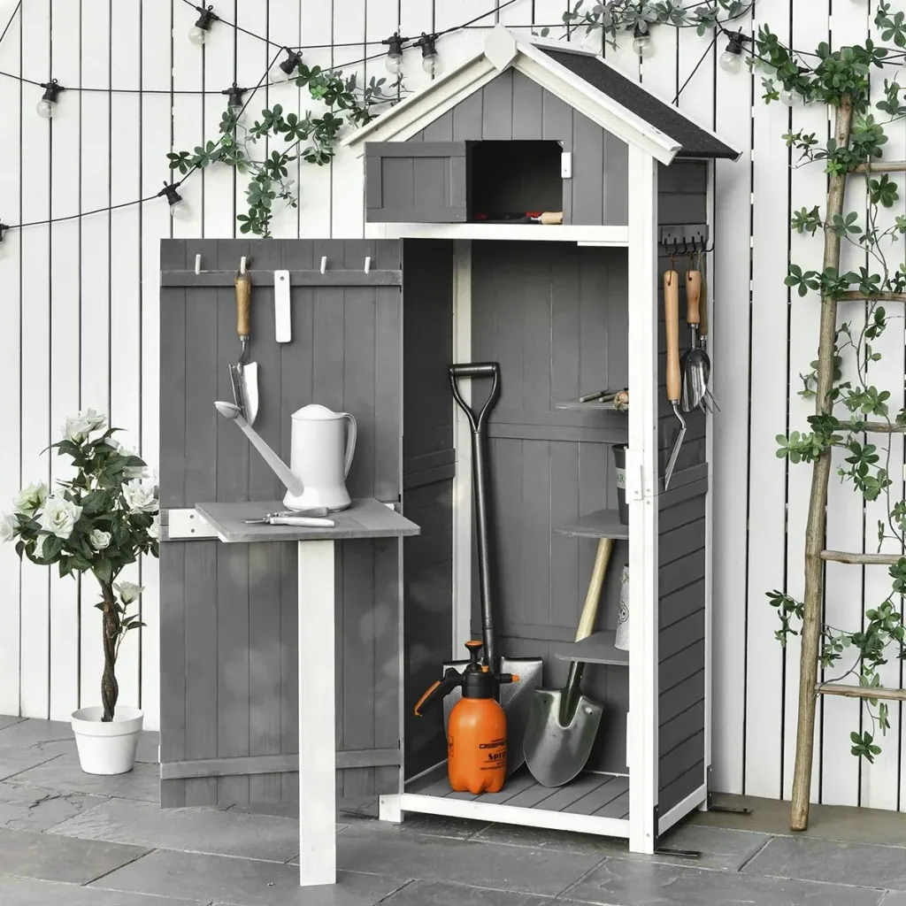 Garden cabinet wooden tool shed with door roof tool shed with hooks garden storage cabinet foldable table outdoor gray 78