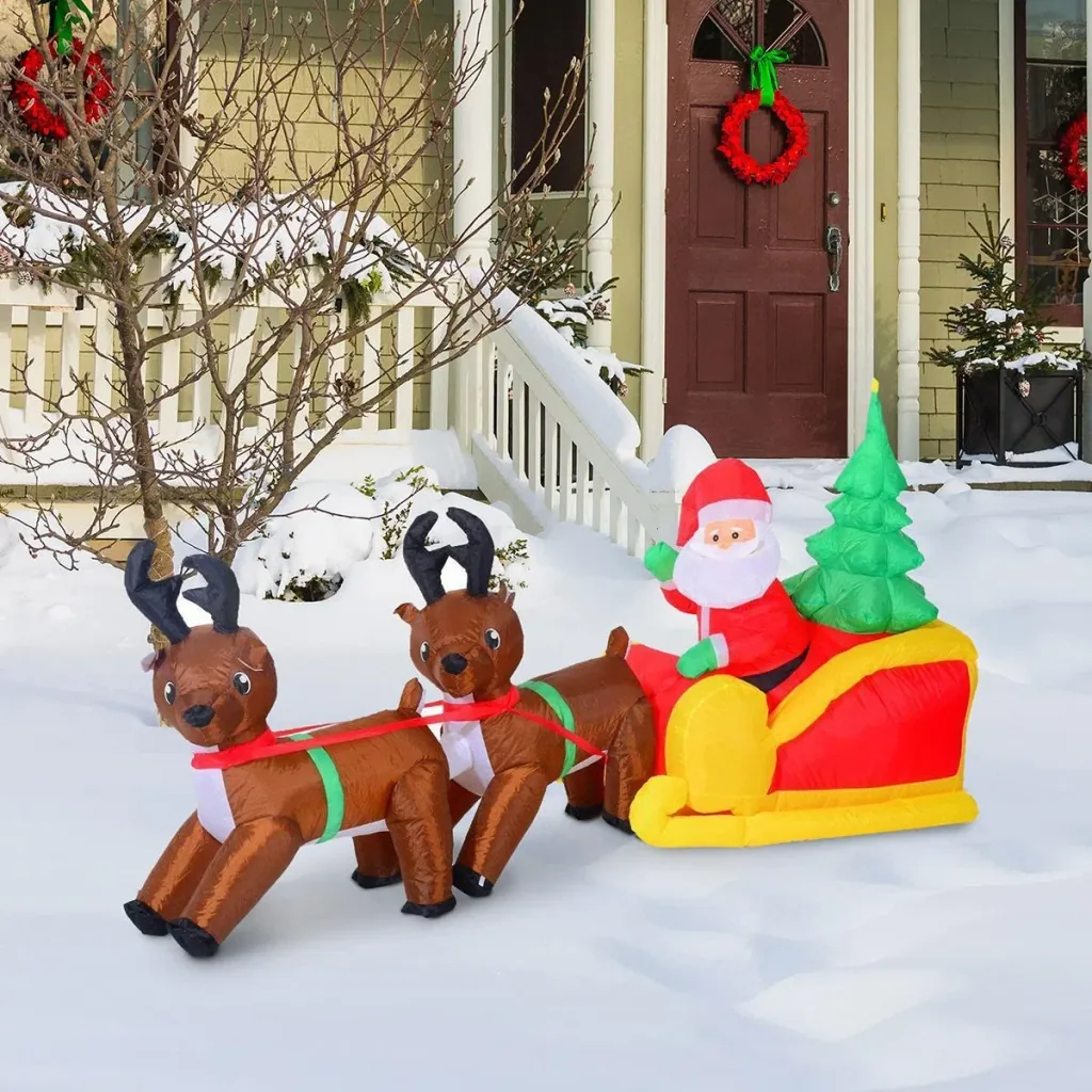 LED reindeer sleigh with Santa Claus inflatable warm white