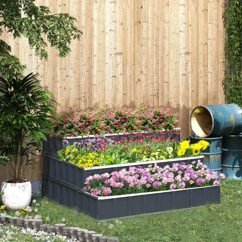 Raised bed made of steel 3-tiered garden bed with T-shaped plant labels Gloves Plant bed Herb bed Flower stairs for
