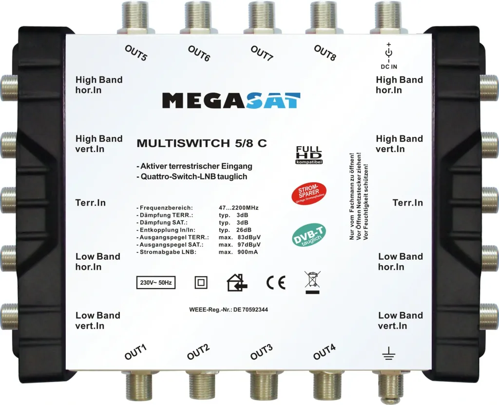 Multiswitch 5/8 C - Expandable system. Suitable for 1 satellite up to 8 participants per multiswitch.