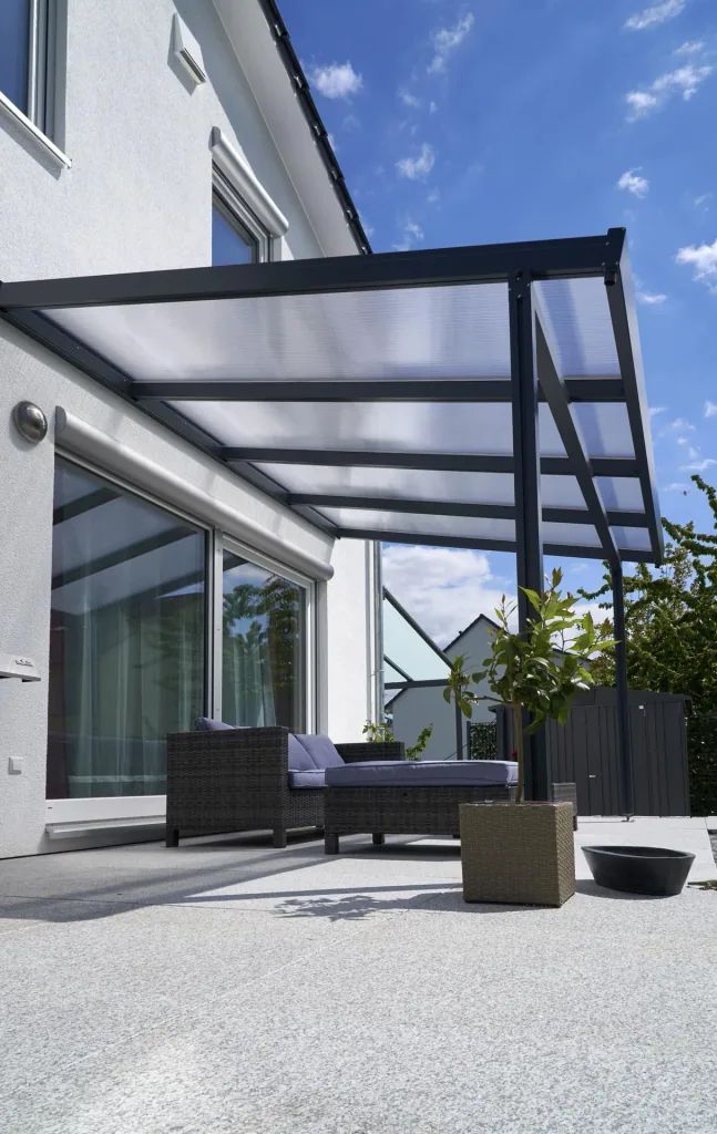 Patio roof Premium, anthracite, 4102 x 4060 mm - Polycarbonate multi-wall sheets 16 mm, clear