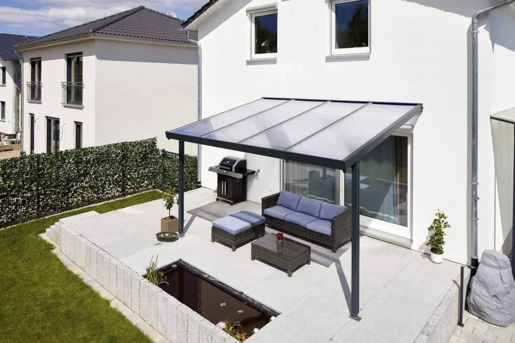 Patio roof Premium, anthracite, 4102 x 4060 mm - Polycarbonate multi-wall sheets 16 mm, clear