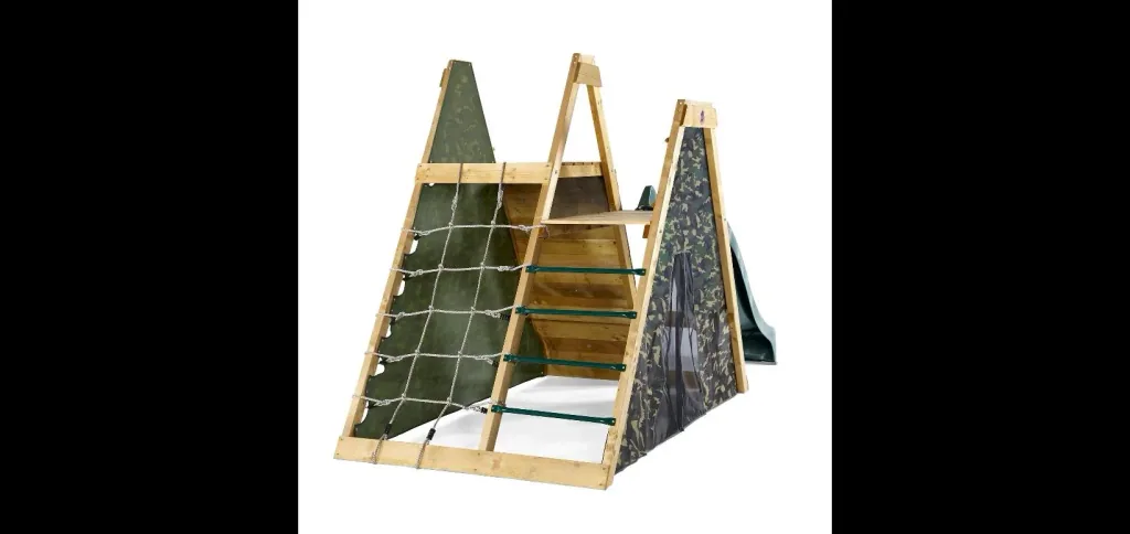 Wooden climbing pyramid, outdoor climbing pyramid for children made of wood, climbing wall, climbing net, slide, natural