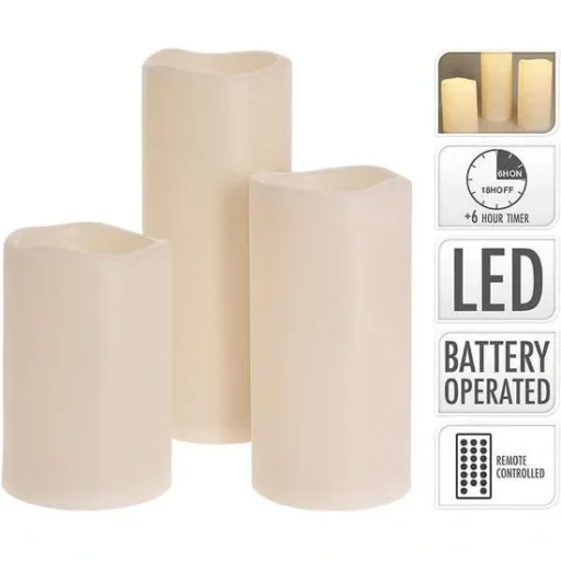 Set of 3 LED candles for outdoor use including remote control and timer
