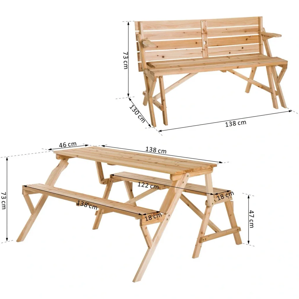 Beer tent set 2-in-1 foldable seating group garden set 1 x table 2 x bench fir wood natural 138 x 130 x 73 cm