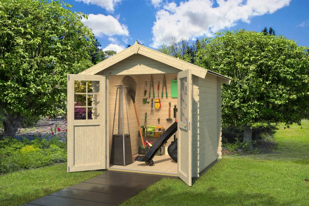 Garden shed 209 size 1 253 x 234 x 244 cm wall thickness 28 mm, with double door natural