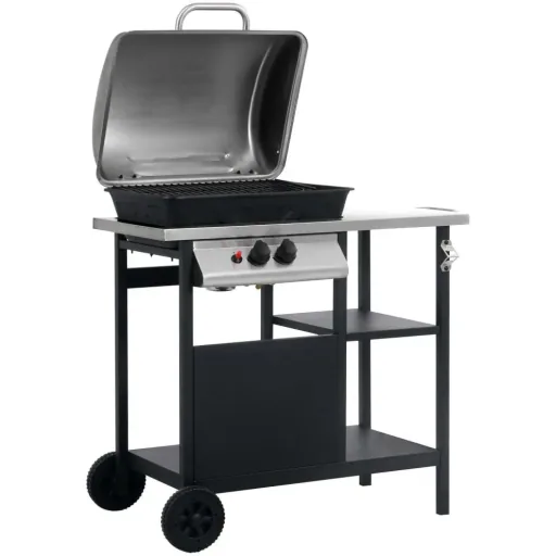 Gas grill with 3-tier side table black and silver