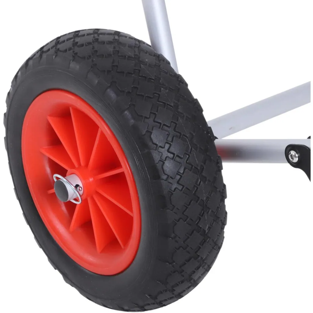 Canoe cart, kayak cart, surf cart, foldable with belt, pneumatic tires, padded aluminum silver up to 90 kg L70 x W40 x H42 cm