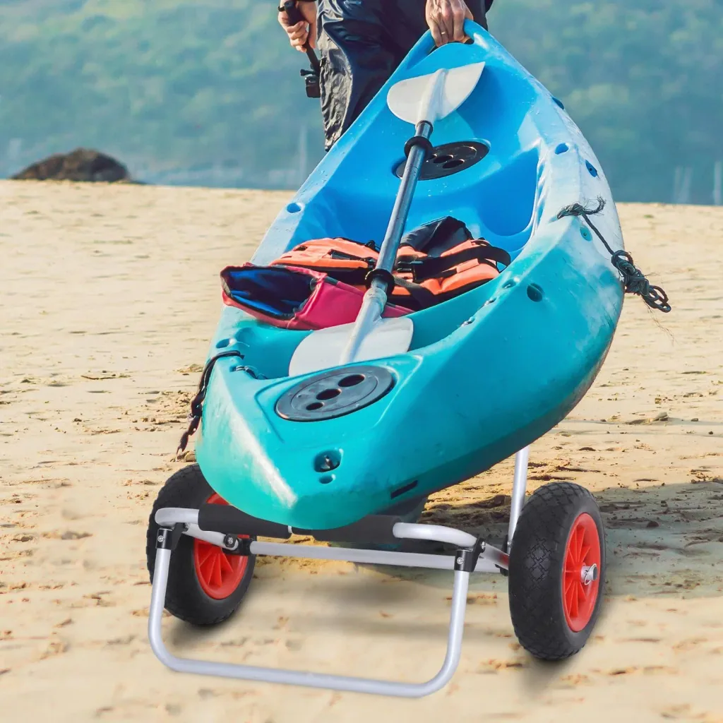 Canoe cart, kayak cart, surf cart, foldable with belt, pneumatic tires, padded aluminum silver up to 90 kg L70 x W40 x H42 cm