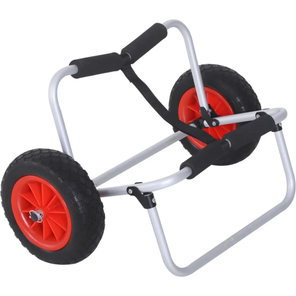 Canoe cart, kayak cart, surf cart, foldable with belt, pneumatic tires, padded aluminum silver up to 90 kg L70 x W40 x H42 cm