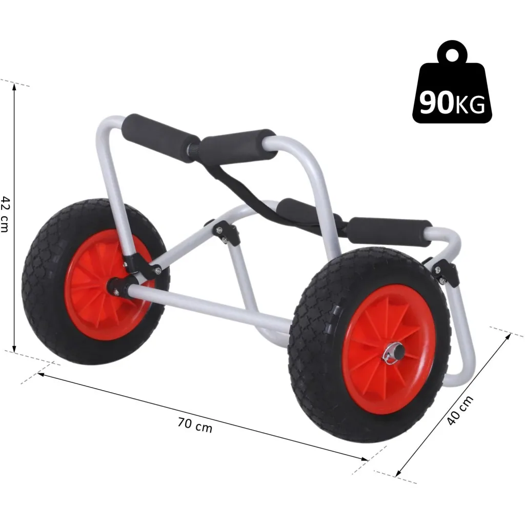 Canoe cart, kayak cart, surf cart, foldable with belt, pneumatic tires, padded aluminum silver up to 90 kg L70 x W40 x H42 cm