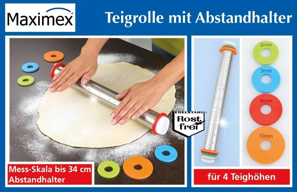 Stainless steel rolling pin with spacers and measuring scale