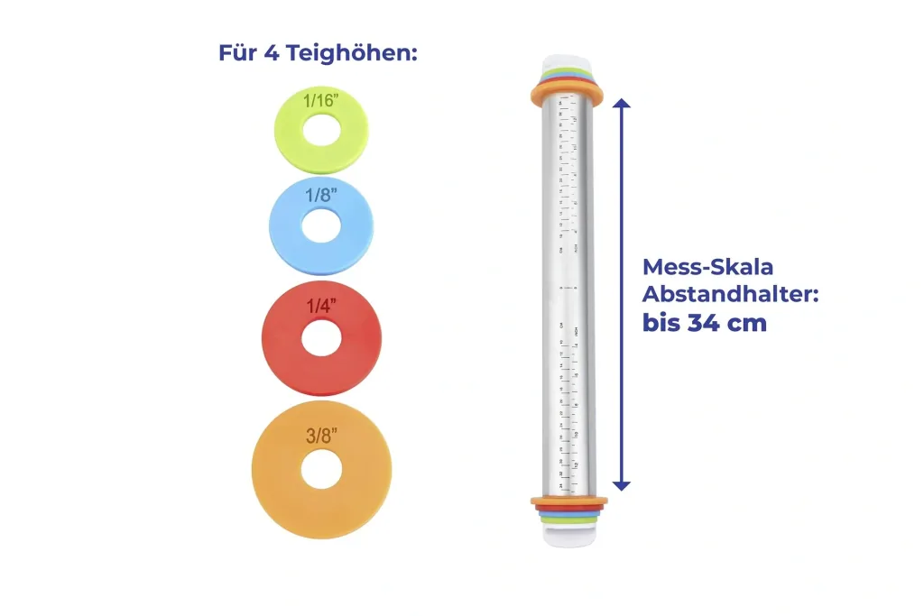 Stainless steel rolling pin with spacers and measuring scale