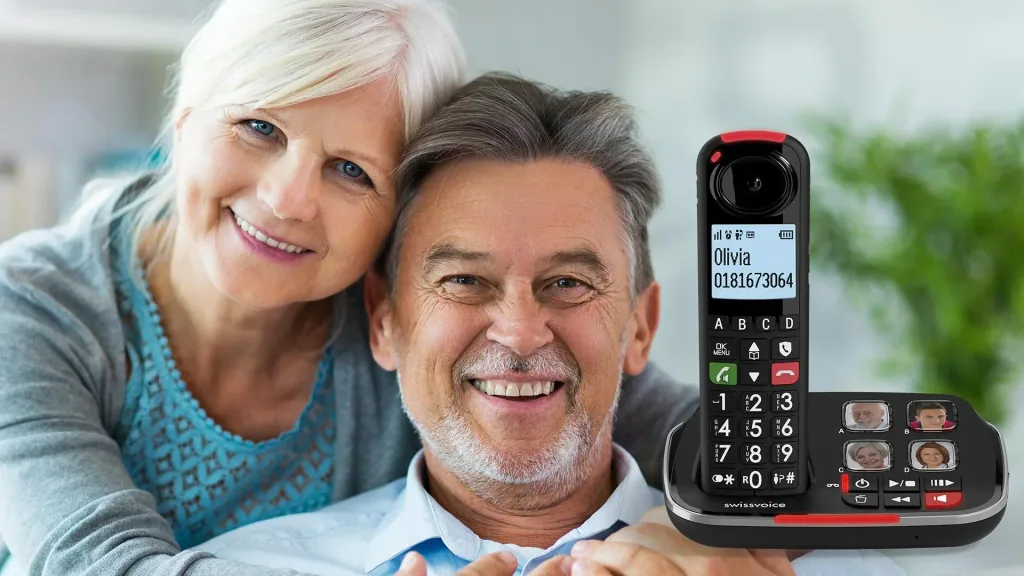 Senior cordless phone with large buttons and hearing aid compatibility